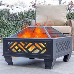 26" Round Antique Bronze Wood Fire Pit – Rustic Backyard Heater & Grill Combo