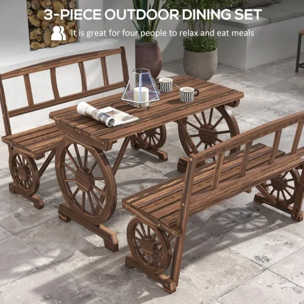 Rustic 3-Piece Outdoor Wooden Dining Set – Wagon Wheel Table & Benches for 4 People, All-Weather Patio Furniture - Image 5