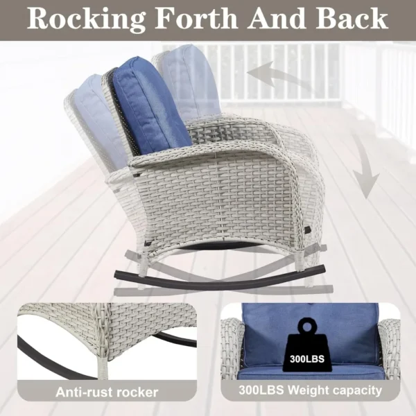 Outdoor Wicker Rocking Chair with Cushion – PE Rattan Porch Rocker for Patio & Balcony, 300 Lb Capacity - Image 5