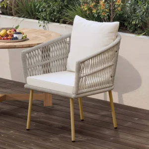 Outdoor Rattan Dining Armchair with Cushion – Beige Single Sofa Chair for Patio, Backyard, or Poolside