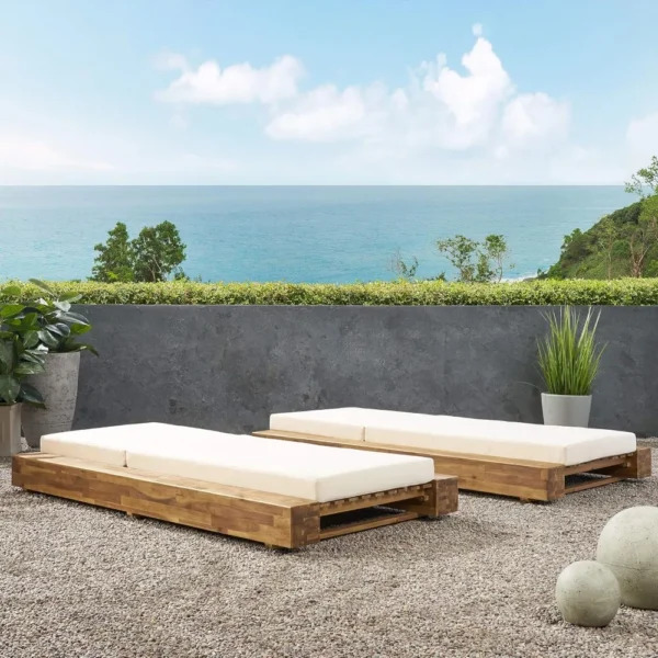 Set of 2 Outdoor Acacia Wood Chaise Lounge Chairs with Cushions – Adjustable Reclining Deck Chairs, Cream - Image 4