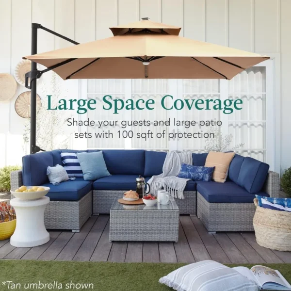 10x10ft Cantilever Patio Umbrella with Solar LED Lights & Fillable Base – Outdoor Offset Hanging Shade - Image 6