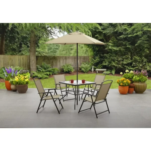 Albany Lane 6-Piece Outdoor Patio Dining Set with Foldable Chairs & Market Umbrella – Mainstays - Image 11