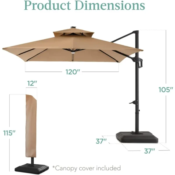 10x10ft Cantilever Patio Umbrella with Solar LED Lights & Fillable Base – Outdoor Offset Hanging Shade - Image 5