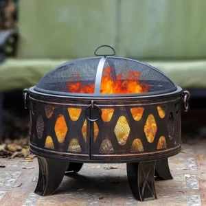 26-Inch Wood Fire Pit in Antique Bronze – Outdoor Rustic Backyard Heater & Cooking Grill