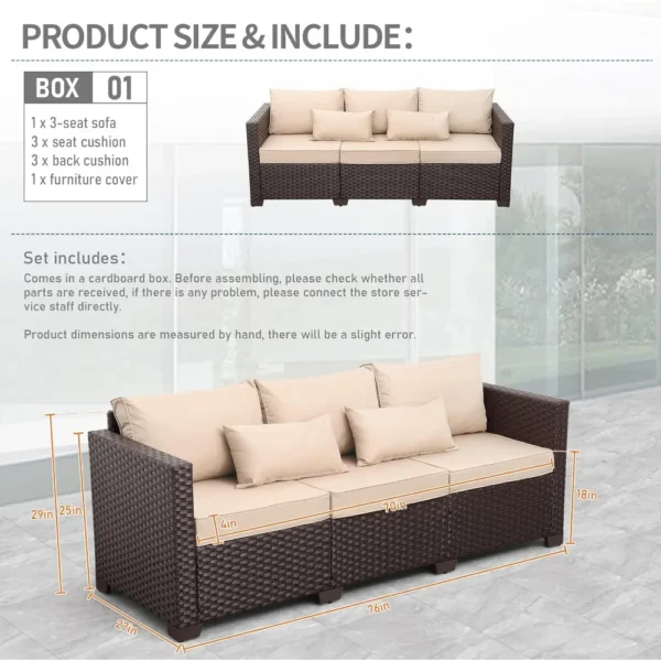 Wicker Outdoor Patio Sofa – 76" Garden Couch with Cushions & Lumbar Pillows - Image 2
