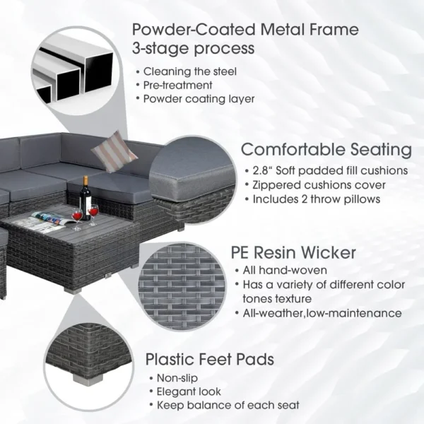 7-Piece Modular Outdoor Patio Furniture Set – Light Gray PE Rattan Wicker Sofa with Cushions, Coffee Table & Pillows - Image 4