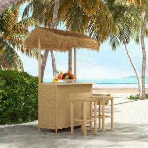 3-Piece Outdoor Wicker Tiki Bar Set with 42" Ceramic Top & 2 Stools – Grand Patio Islander Bar for Garden & Backyard