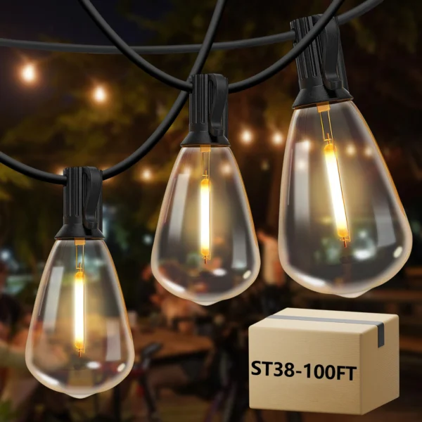 TJOY Outdoor String Lights – Dimmable Retro LED Bulbs, Waterproof, UL Certified (2700K Warm White, Connectable, IP44)