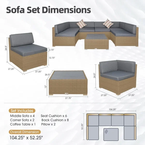 7-Piece Modular Outdoor Patio Furniture Set – Light Gray PE Rattan Wicker Sofa with Cushions, Coffee Table & Pillows - Image 3