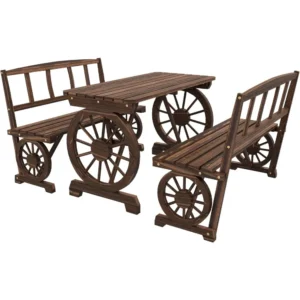 Rustic 3-Piece Outdoor Wooden Dining Set – Wagon Wheel Table & Benches for 4 People, All-Weather Patio Furniture
