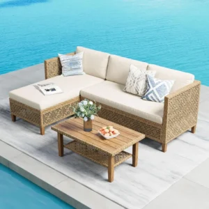 Outdoor Wicker Patio Conversation Set – Acacia Wood Chaise Lounge, Cushions & Coffee Table (L-Shaped, 79")