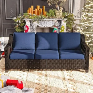 All-Weather Rattan Patio Sofa – 3-Seat High-Back Couch with Olefin Cushions