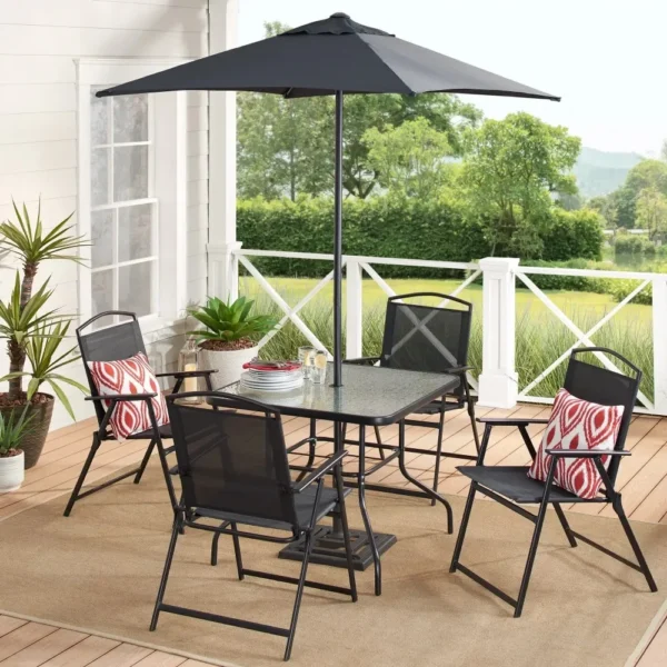Albany Lane 6-Piece Outdoor Patio Dining Set with Foldable Chairs & Market Umbrella – Mainstays - Image 14
