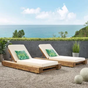 Set of 2 Outdoor Acacia Wood Chaise Lounge Chairs with Cushions – Adjustable Reclining Deck Chairs, Cream