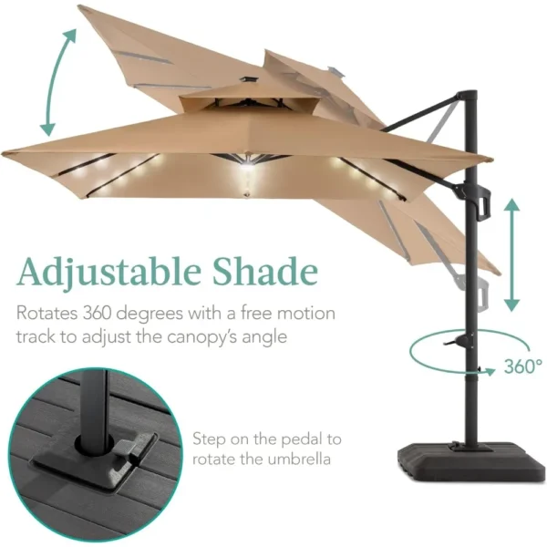 10x10ft Cantilever Patio Umbrella with Solar LED Lights & Fillable Base – Outdoor Offset Hanging Shade - Image 3