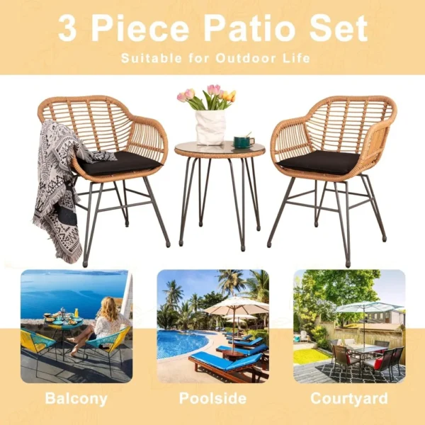 3-Piece PE Rattan Patio Bistro Set – Cushioned Chairs & Glass Top Table for Balcony or Garden - Image 6