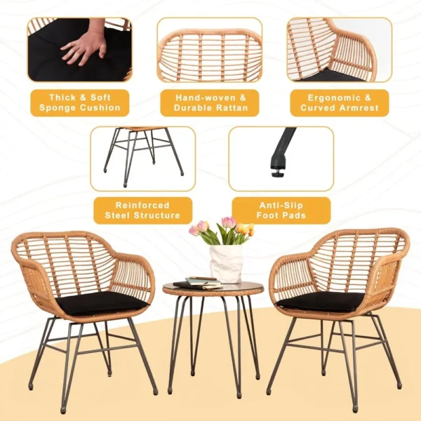 3-Piece PE Rattan Patio Bistro Set – Cushioned Chairs & Glass Top Table for Balcony or Garden - Image 2