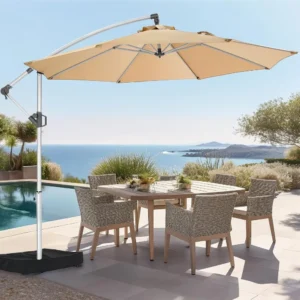 10ft Cantilever Patio Umbrella with Base – Wind-Resistant, Fade-Proof, UV Protection, Aluminum Frame