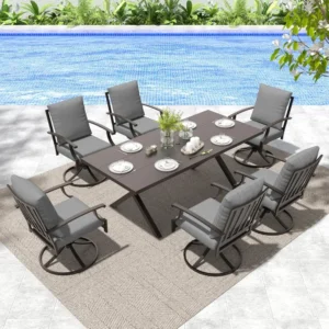 7 pieces outdoor dining table and chair 6, courtyard rotating dining chair 6, rectangular courtyard dining table