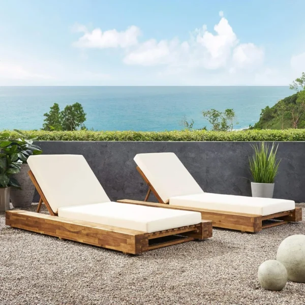 Set of 2 Outdoor Acacia Wood Chaise Lounge Chairs with Cushions – Adjustable Reclining Deck Chairs, Cream - Image 3