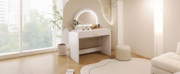 White Makeup Vanity Table with Touch Screen Lighted Mirror & Drawer – Elegant & Functional - Image 11