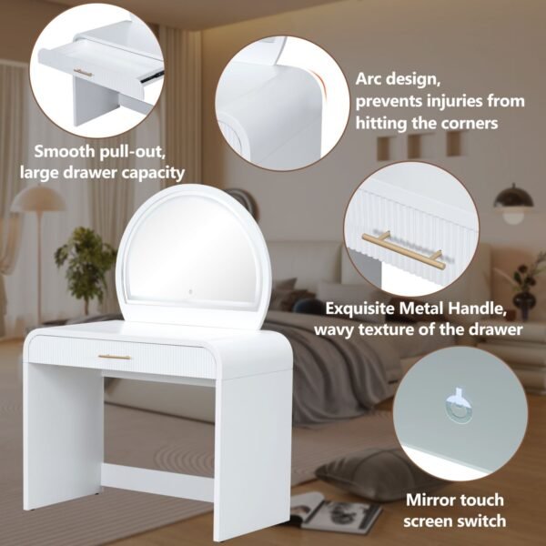 White Makeup Vanity Table with Touch Screen Lighted Mirror & Drawer – Elegant & Functional - Image 5