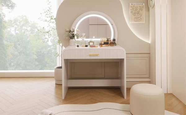 White Makeup Vanity Table with Touch Screen Lighted Mirror & Drawer – Elegant & Functional - Image 8