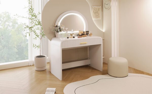 White Makeup Vanity Table with Touch Screen Lighted Mirror & Drawer – Elegant & Functional - Image 9