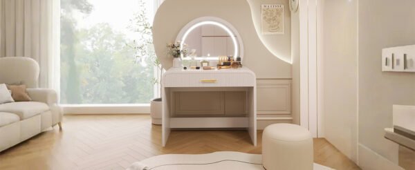 White Makeup Vanity Table with Touch Screen Lighted Mirror & Drawer – Elegant & Functional - Image 10