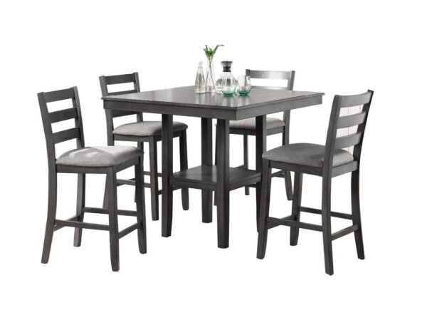 5-Piece Gray Counter Height Dining Set with Shelf Storage & Ladder Back Chairs – Solid Wood - Image 3
