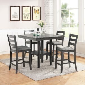 5-Piece Gray Counter Height Dining Set with Shelf Storage & Ladder Back Chairs – Solid Wood