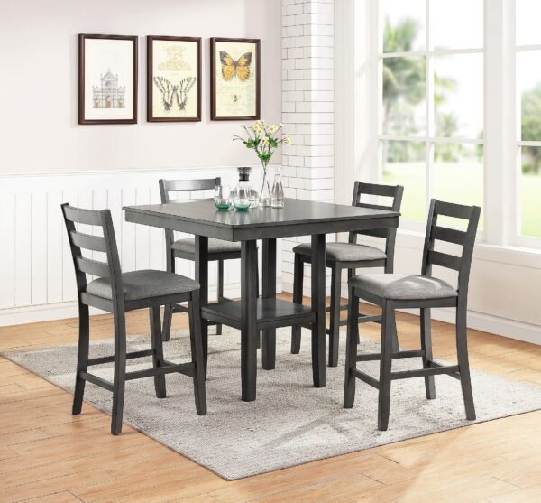 5-Piece Gray Counter Height Dining Set with Shelf Storage & Ladder Back Chairs – Solid Wood