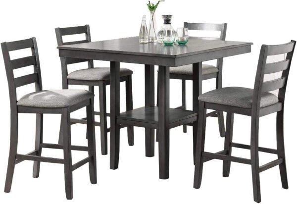 5-Piece Gray Counter Height Dining Set with Shelf Storage & Ladder Back Chairs – Solid Wood - Image 8