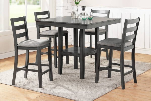 5-Piece Gray Counter Height Dining Set with Shelf Storage & Ladder Back Chairs – Solid Wood - Image 9