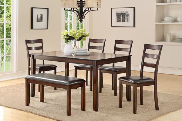 Espresso 6pc Dining Set – Rectangular Table, 4 Chairs & Bench with Cushioned Seats - Image 2