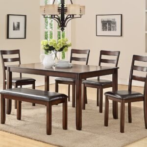 Espresso 6pc Dining Set – Rectangular Table, 4 Chairs & Bench with Cushioned Seats