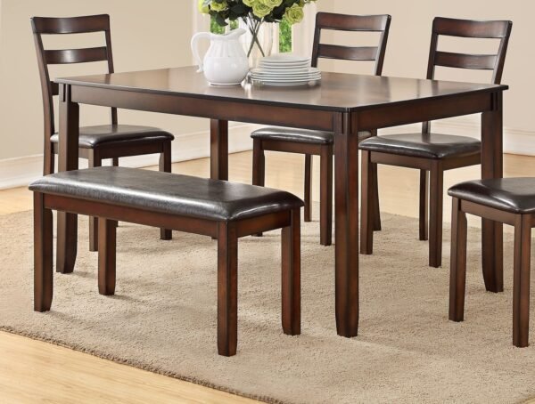 Espresso 6pc Dining Set – Rectangular Table, 4 Chairs & Bench with Cushioned Seats - Image 6