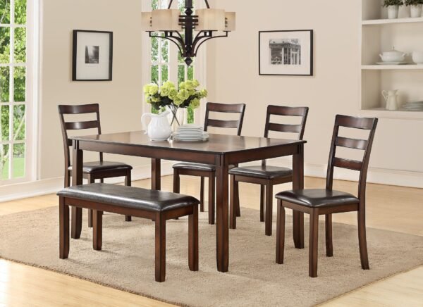 Espresso 6pc Dining Set – Rectangular Table, 4 Chairs & Bench with Cushioned Seats