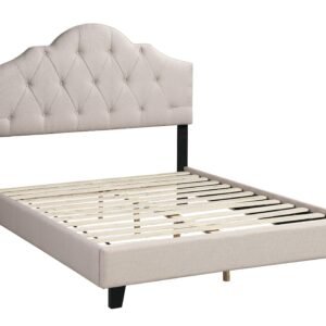 Light Brown Full Upholstered Bed with Adjustable Tufted Headboard