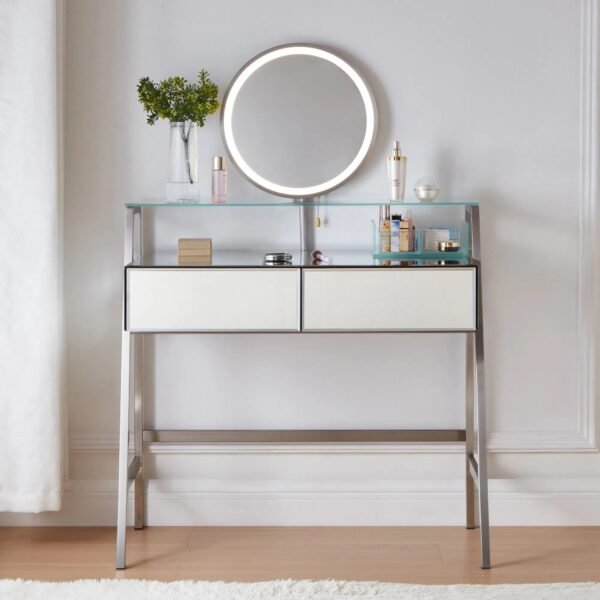 Mirrored Vanity Desk with LED Lights & Charging Station – Silver Makeup Table with Drawers & Shelf - Image 2