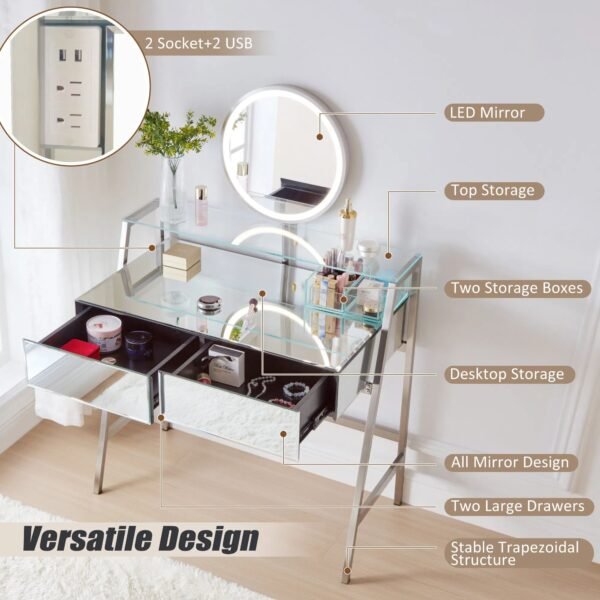 Mirrored Vanity Desk with LED Lights & Charging Station – Silver Makeup Table with Drawers & Shelf - Image 3