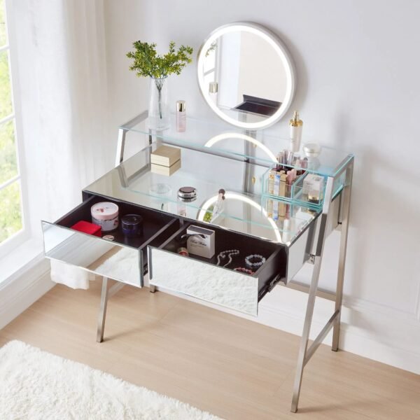 Mirrored Vanity Desk with LED Lights & Charging Station – Silver Makeup Table with Drawers & Shelf - Image 4