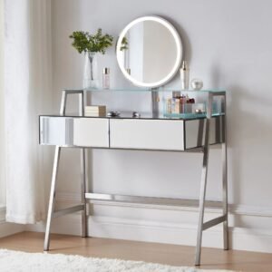 Mirrored Vanity Desk with LED Lights & Charging Station – Silver Makeup Table with Drawers & Shelf