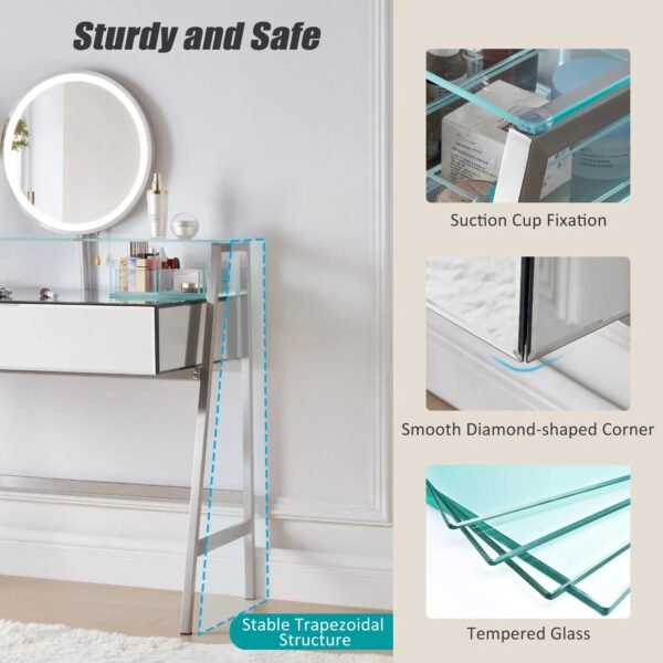 Mirrored Vanity Desk with LED Lights & Charging Station – Silver Makeup Table with Drawers & Shelf - Image 5