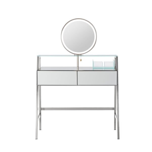 Mirrored Vanity Desk with LED Lights & Charging Station – Silver Makeup Table with Drawers & Shelf - Image 6