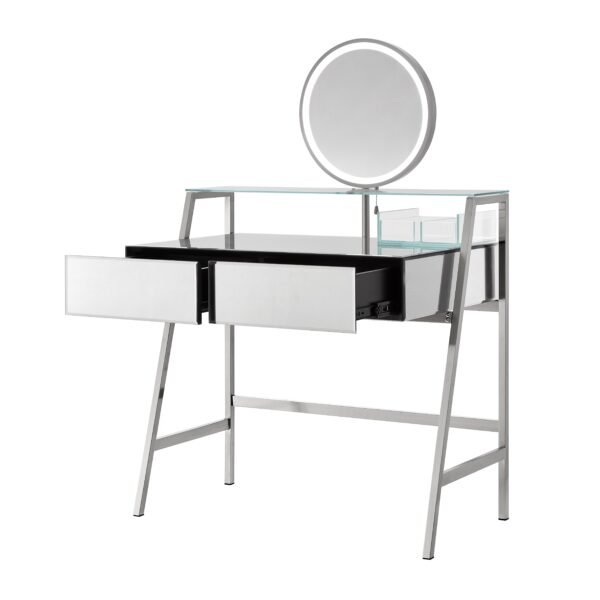 Mirrored Vanity Desk with LED Lights & Charging Station – Silver Makeup Table with Drawers & Shelf - Image 7