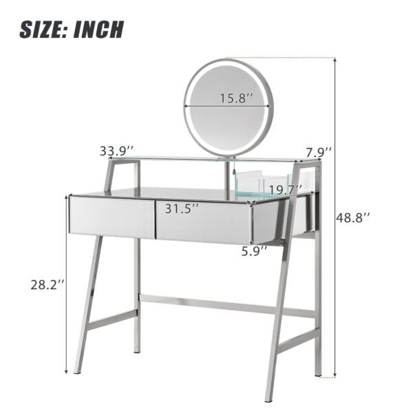 Mirrored Vanity Desk with LED Lights & Charging Station – Silver Makeup Table with Drawers & Shelf - Image 8