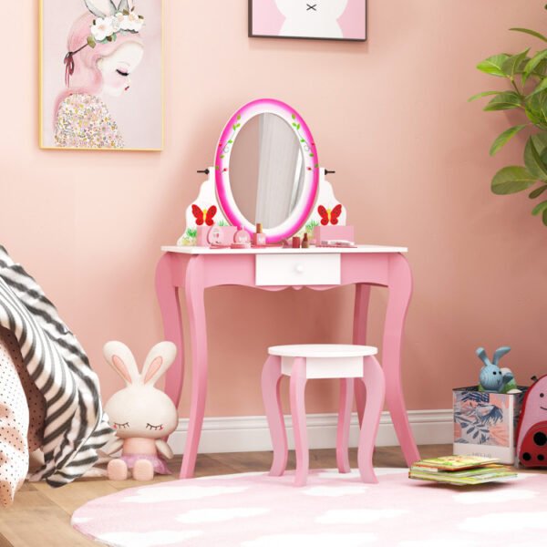 Kids Vanity Table with Rotating Mirror, Whiteboard & Stool – Creative & Safe Design - Image 3