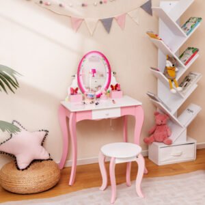 Kids Vanity Table with Rotating Mirror, Whiteboard & Stool – Creative & Safe Design